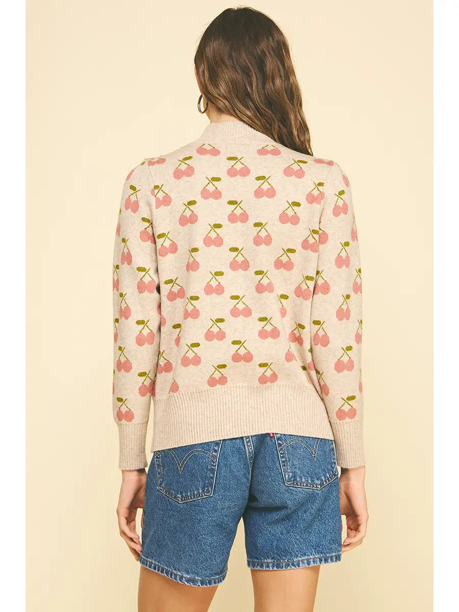 Cherry Pattern Mock Neck Sweater