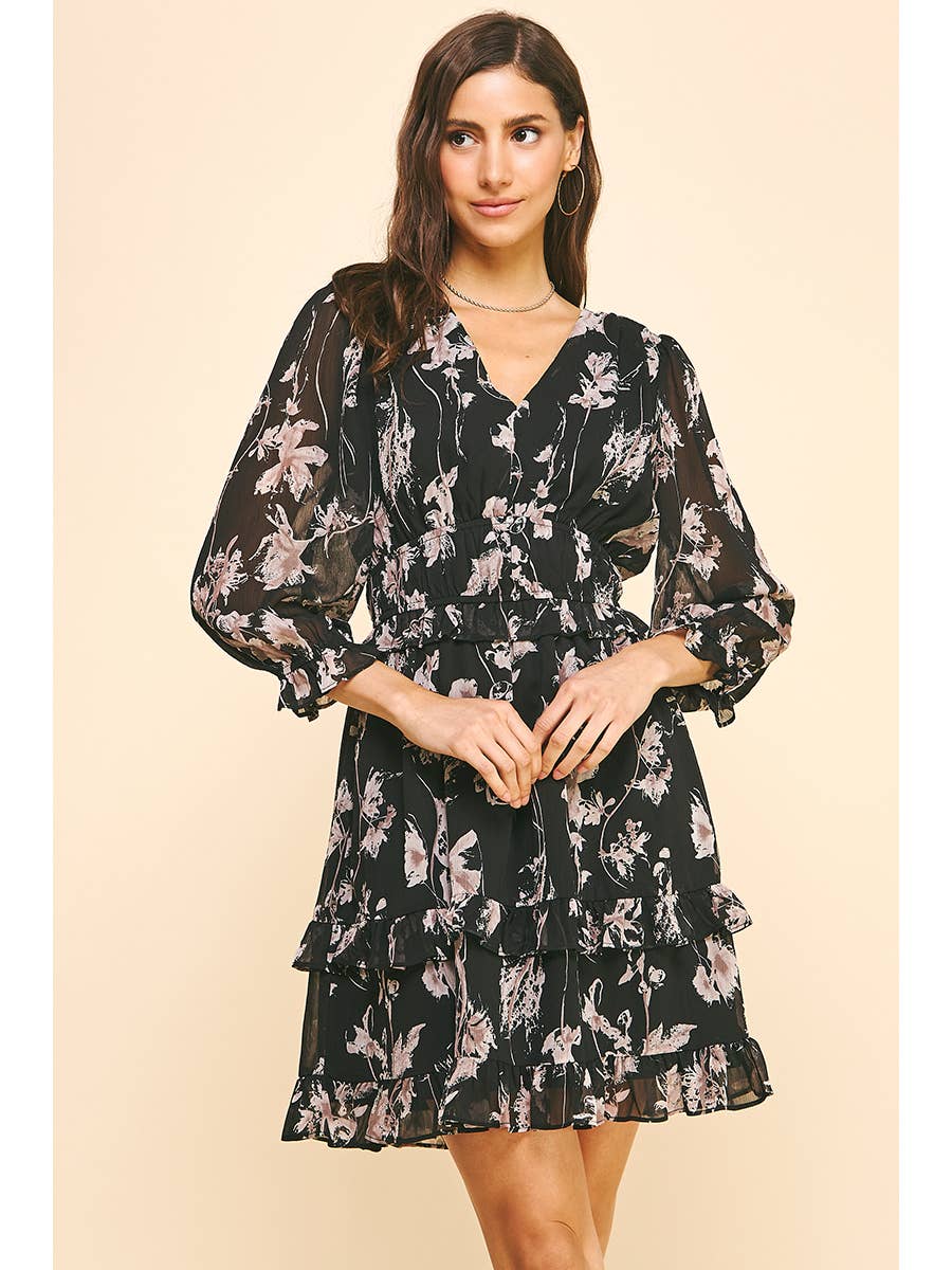 Floral Print V neck Mini Dress Haven