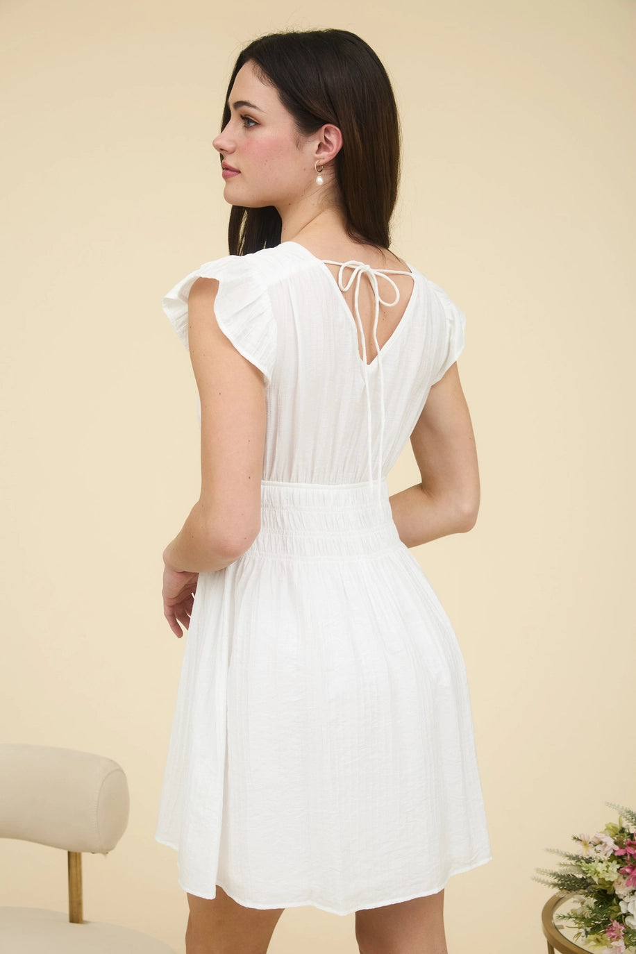 V-neck Shirred Waist Mini Dress