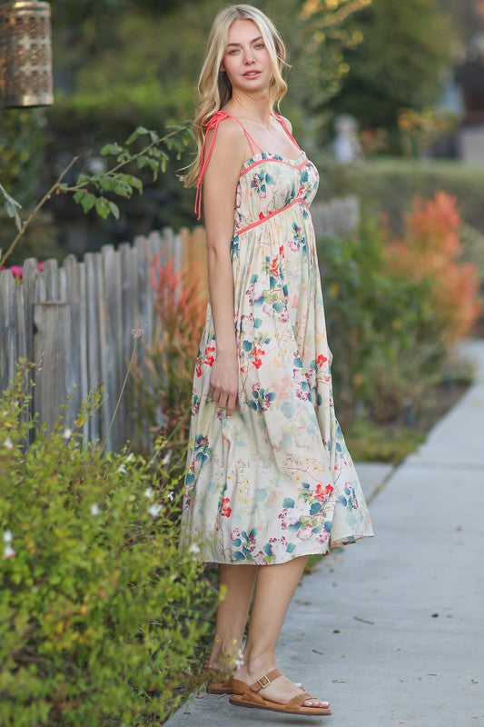 Tie Shoulder Floral Midi Dress