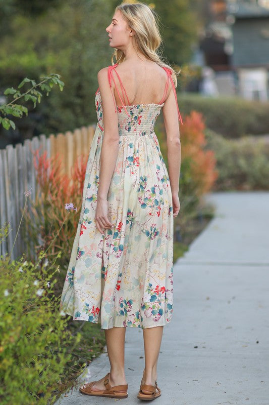 Tie Shoulder Floral Midi Dress