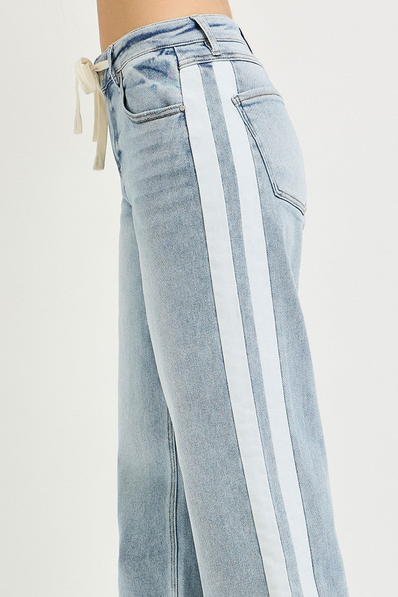 Baggy Drawstring Side Stripe Jeans