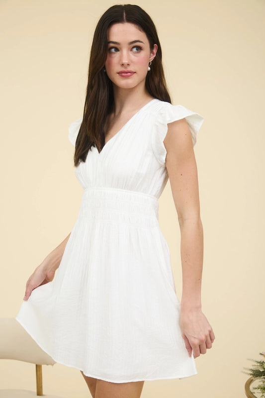 V-neck Shirred Waist Mini Dress