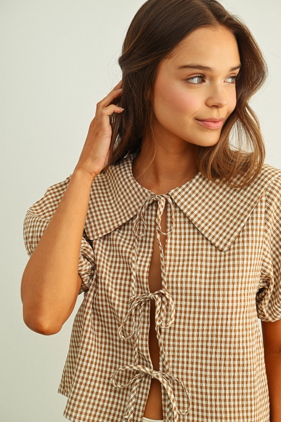 Gingham Tie Front Blouse