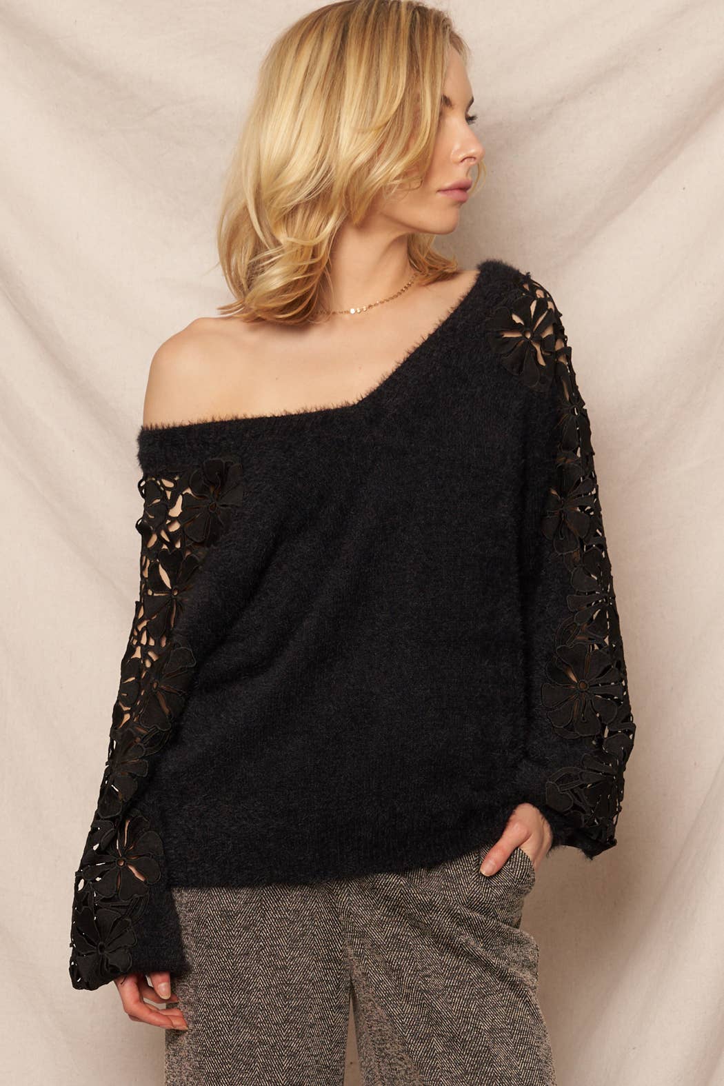 Fuzzy Floral Sleeve Sweater