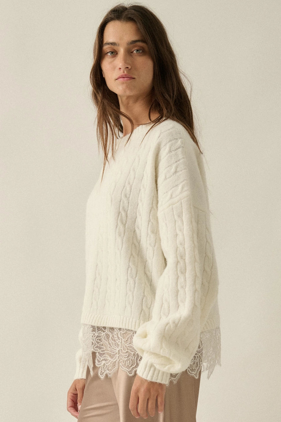 Cable Knit Lace Hem Sweater