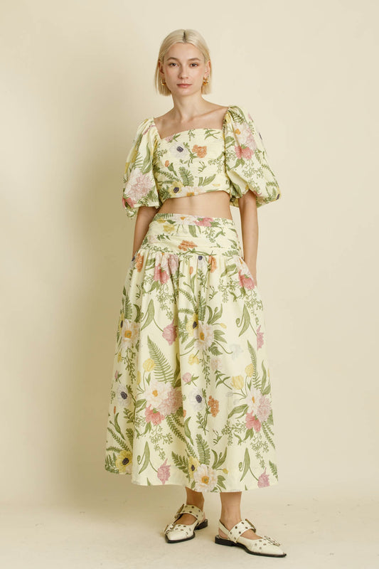 Floral Shirred Midi Skirt
