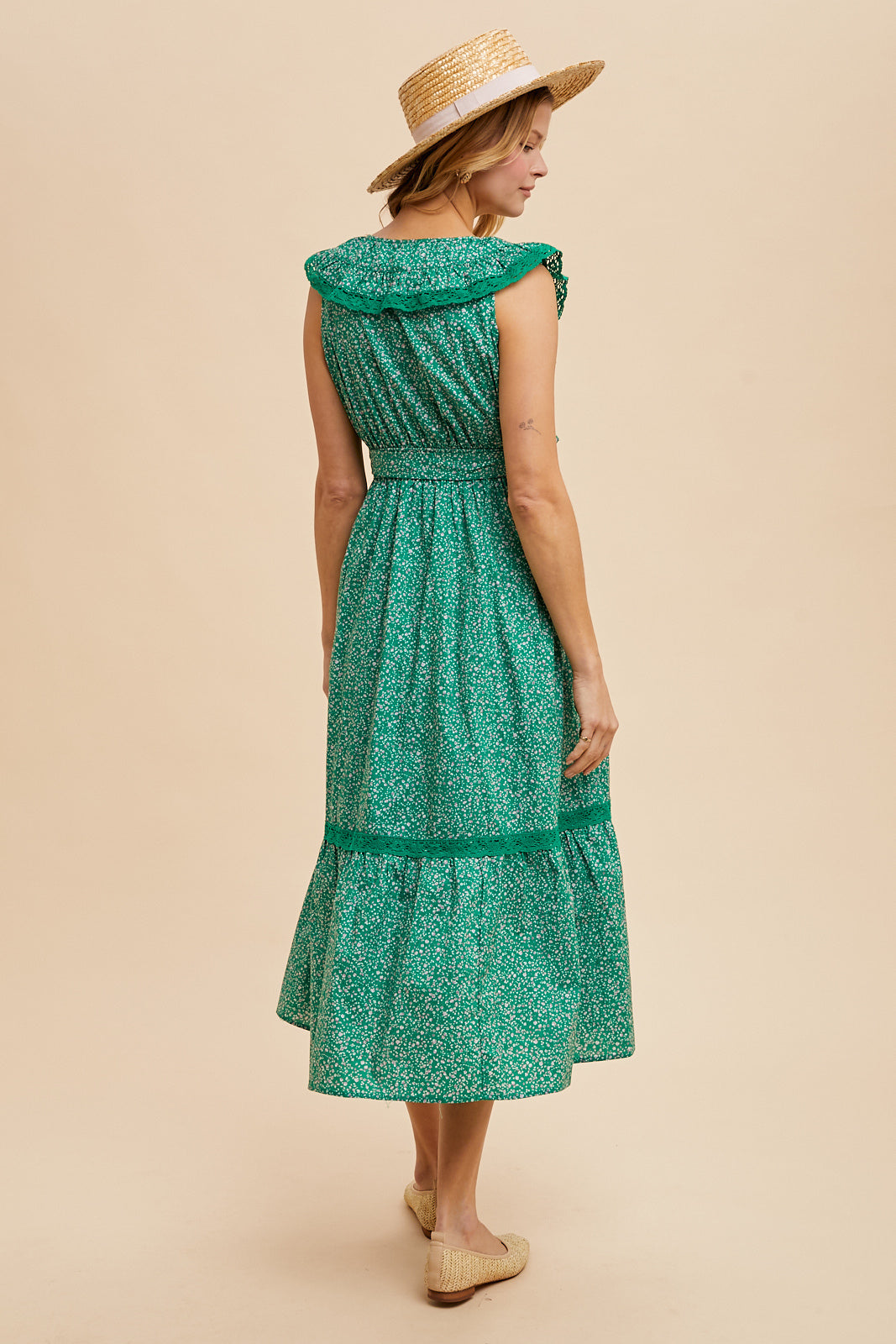Ruffled Neckline Floral Maxi Dress