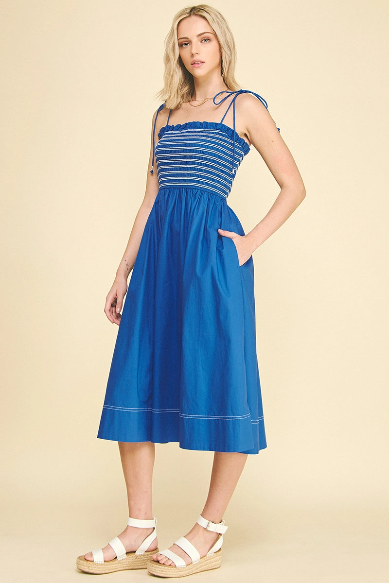 Contrast Smocked Midi Dress
