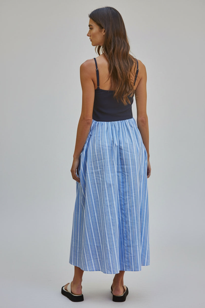 Cotton Striped Skirt Knit Ribbed Bodice Dress