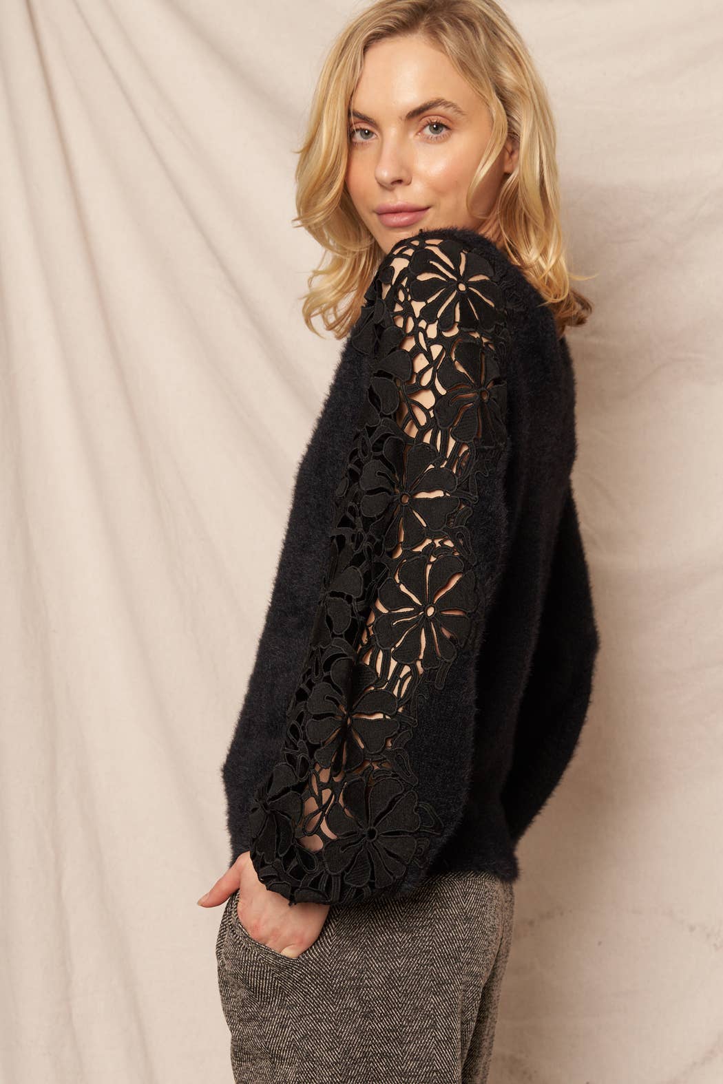 Fuzzy Floral Sleeve Sweater