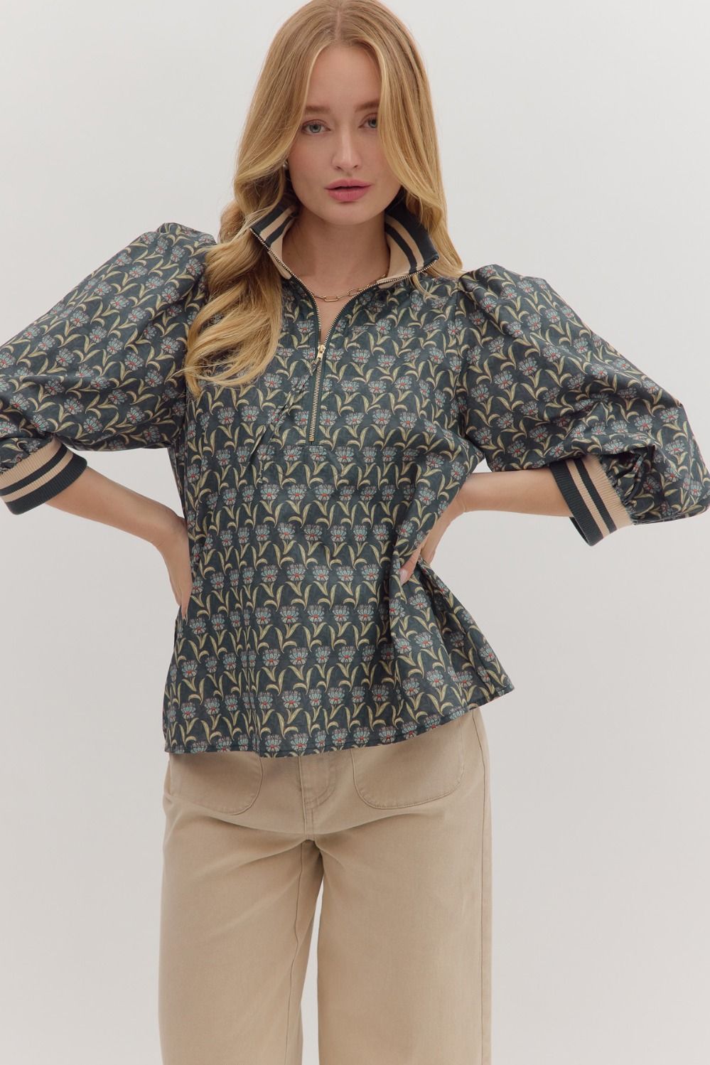 Floral Print 1/2 Zip Blouse