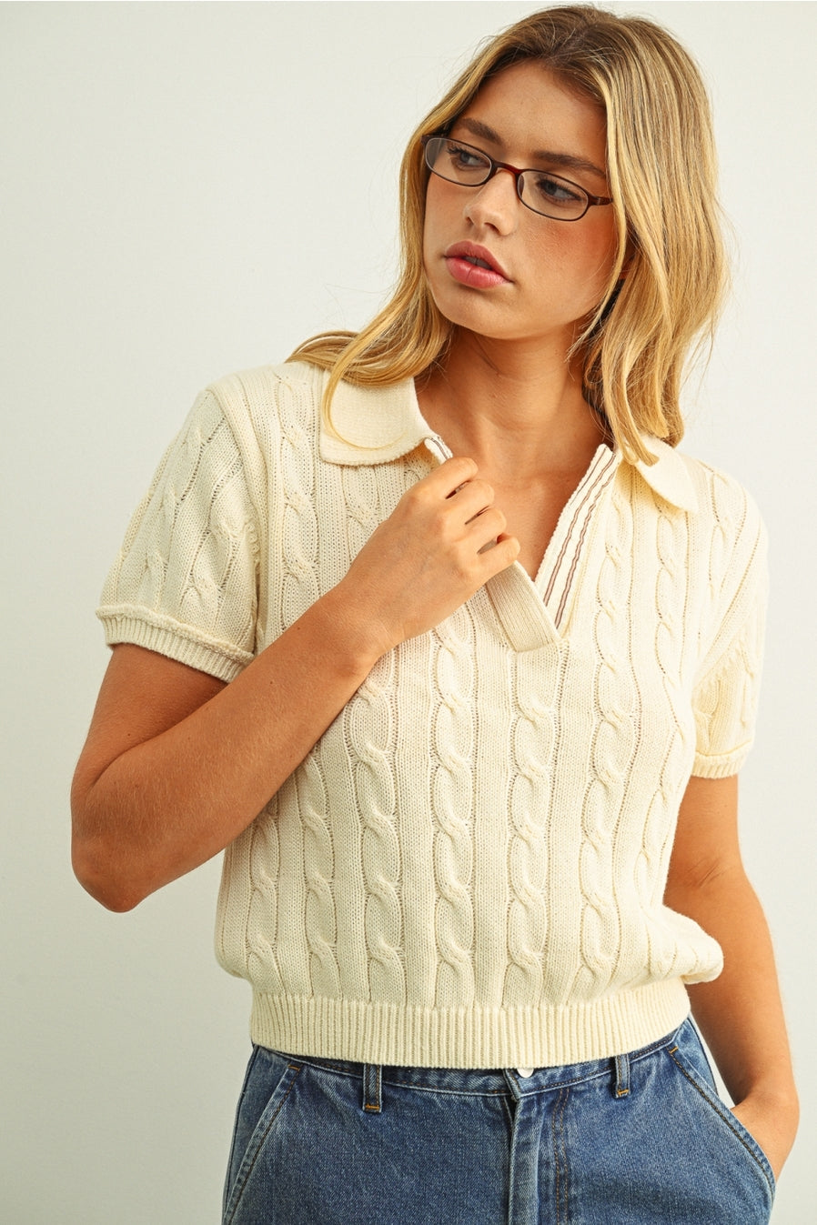 Short Sleeve Cable Knit Polo
