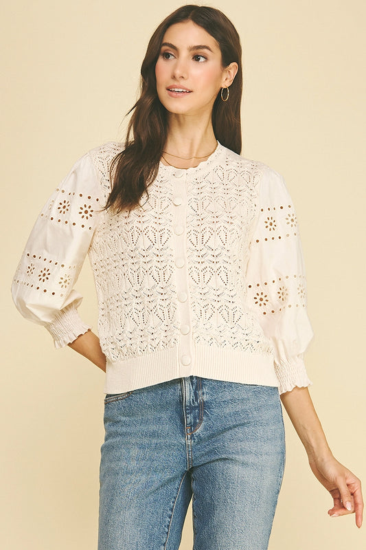 Eyelet & Knit Mixed Cardigan