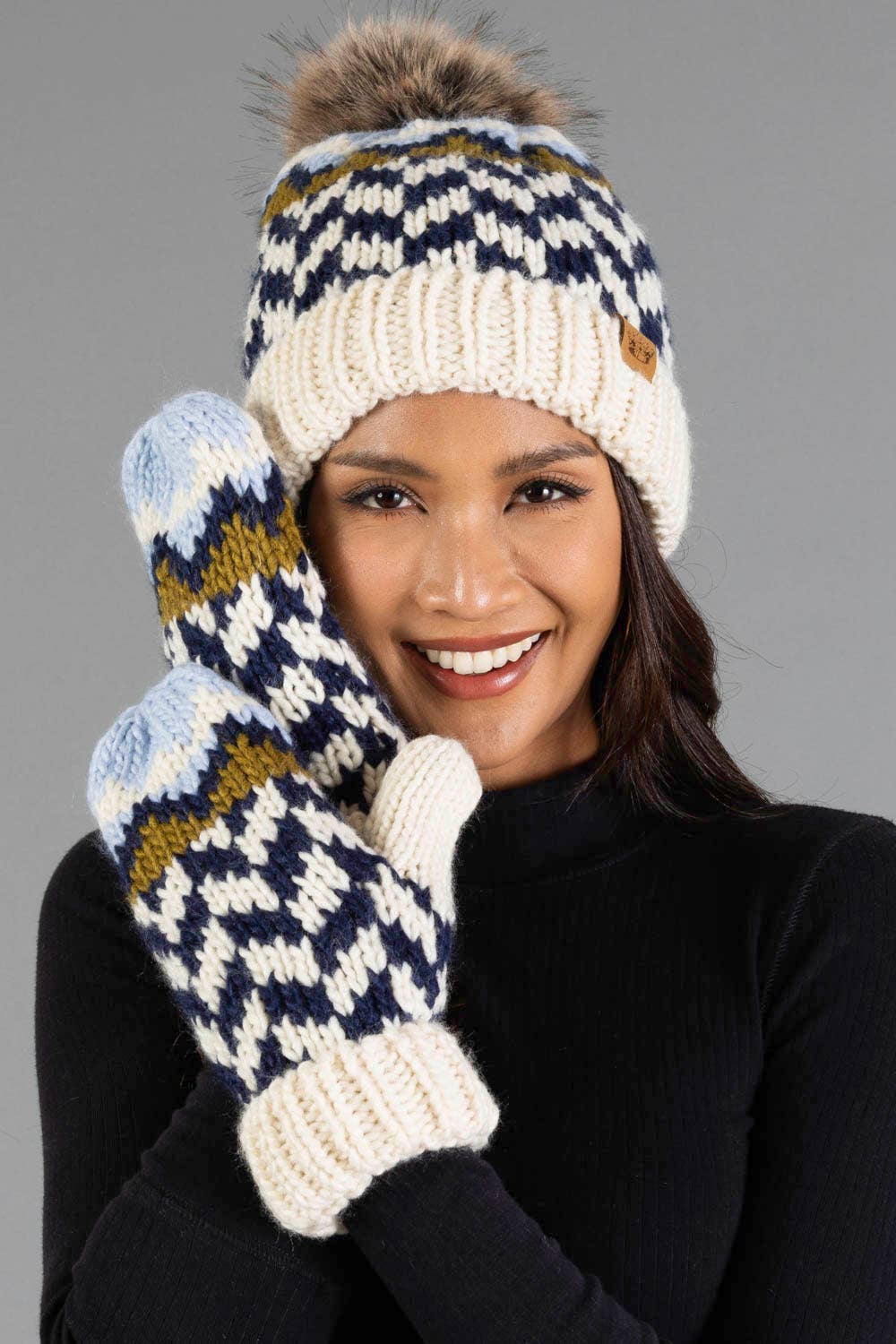 Beige, Navy & Lt. Blue Patterned Pom Hat