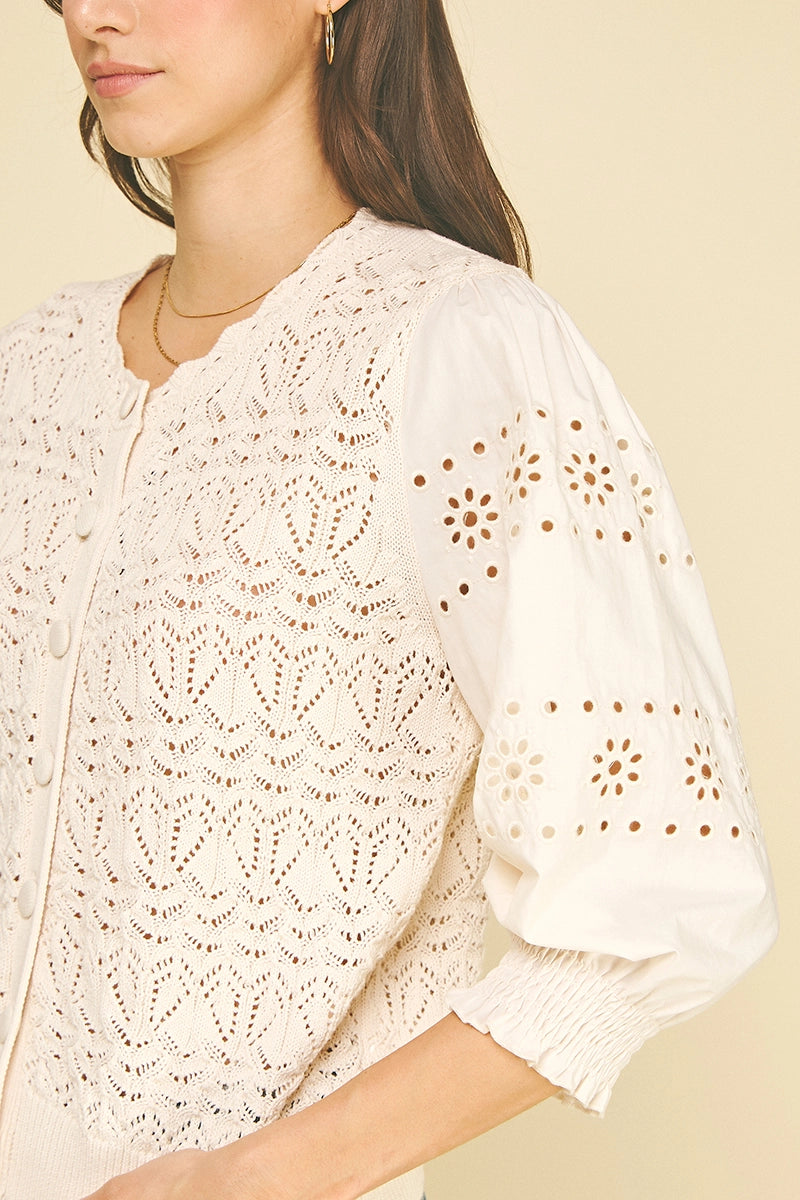 Eyelet & Knit Mixed Cardigan