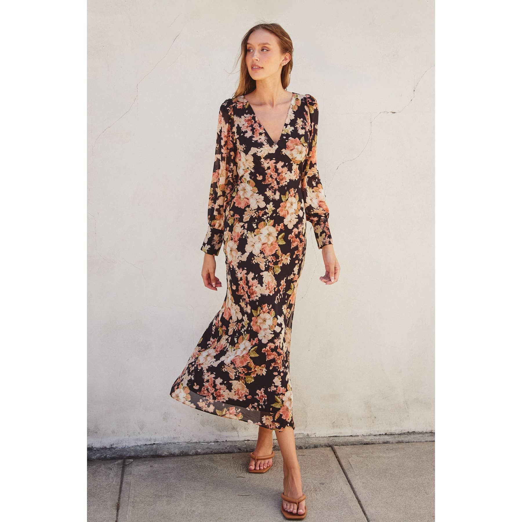 Midnight Floral Long Sleeve Dress Black/Pink / S