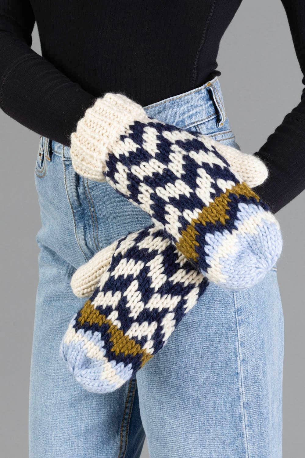 Beige, Navy & Lt. Blue Patterned Mittens