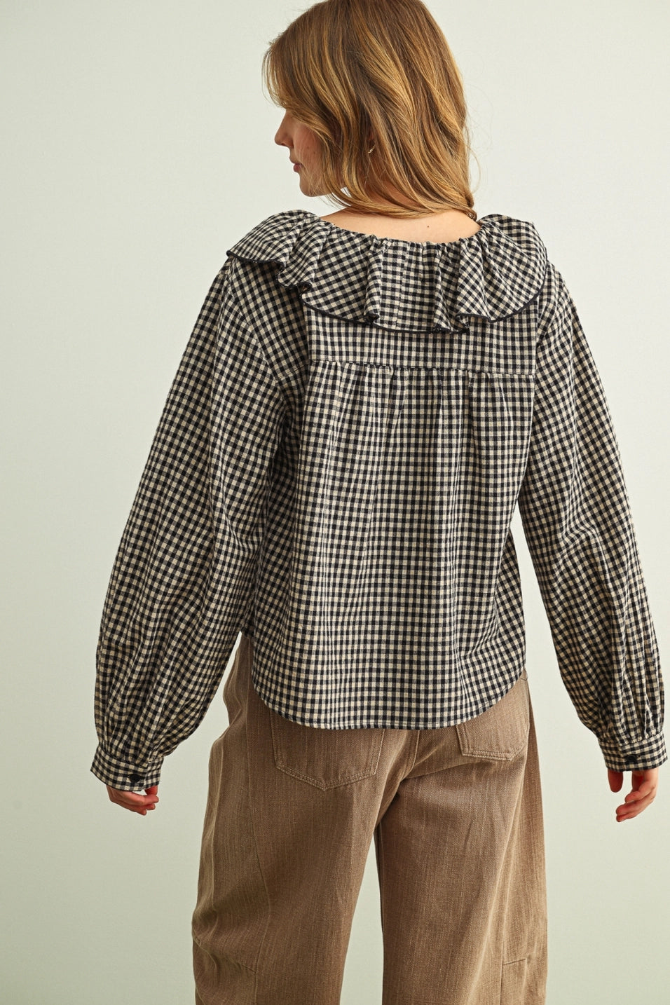 Gingham Mini Ruffle Collar Blouse