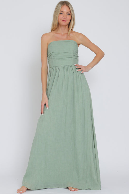 Pleated Strapless Tieback Midi Dress