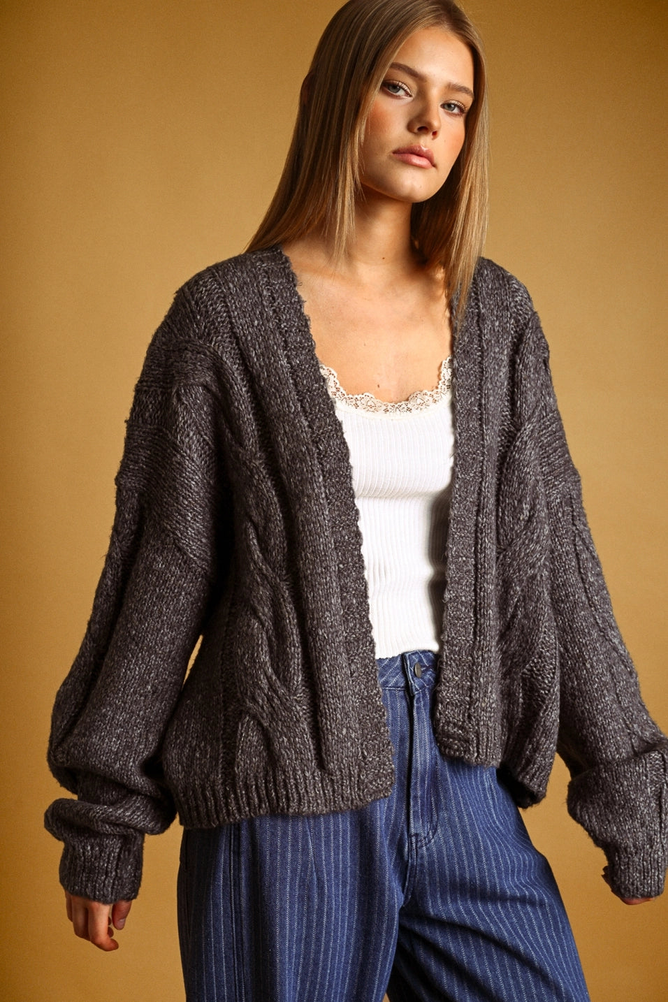Cable Knit Open Cardigan