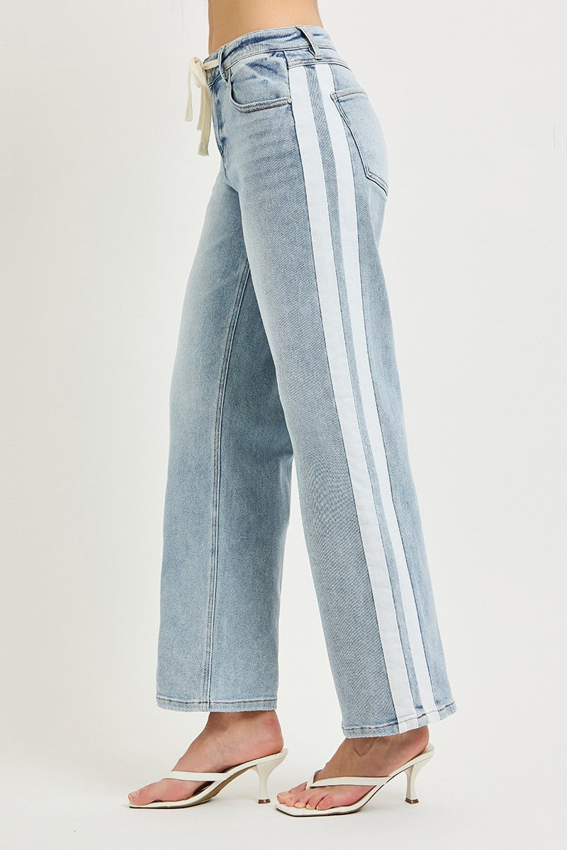 Baggy Drawstring Side Stripe Jeans