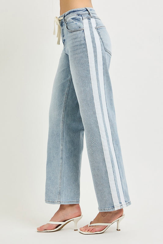 Baggy Drawstring Side Stripe Jeans