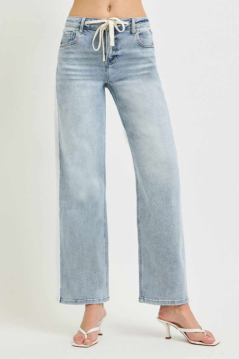 Baggy Drawstring Side Stripe Jeans