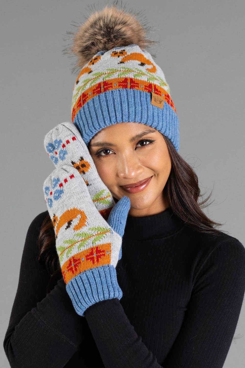 Blue Fox Pattern Knit Pom Hat