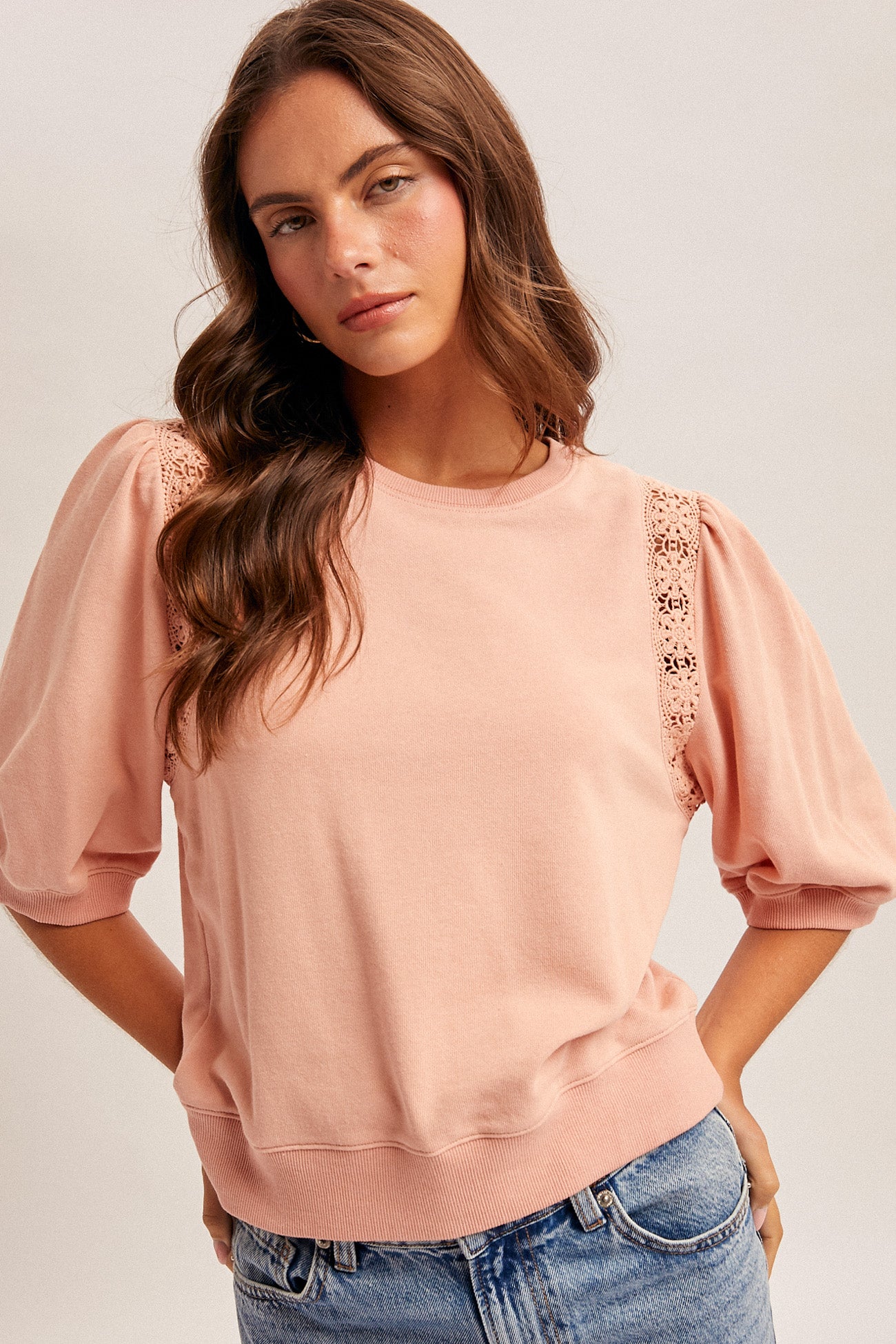 Balloon Sleeve Lace Detail Top