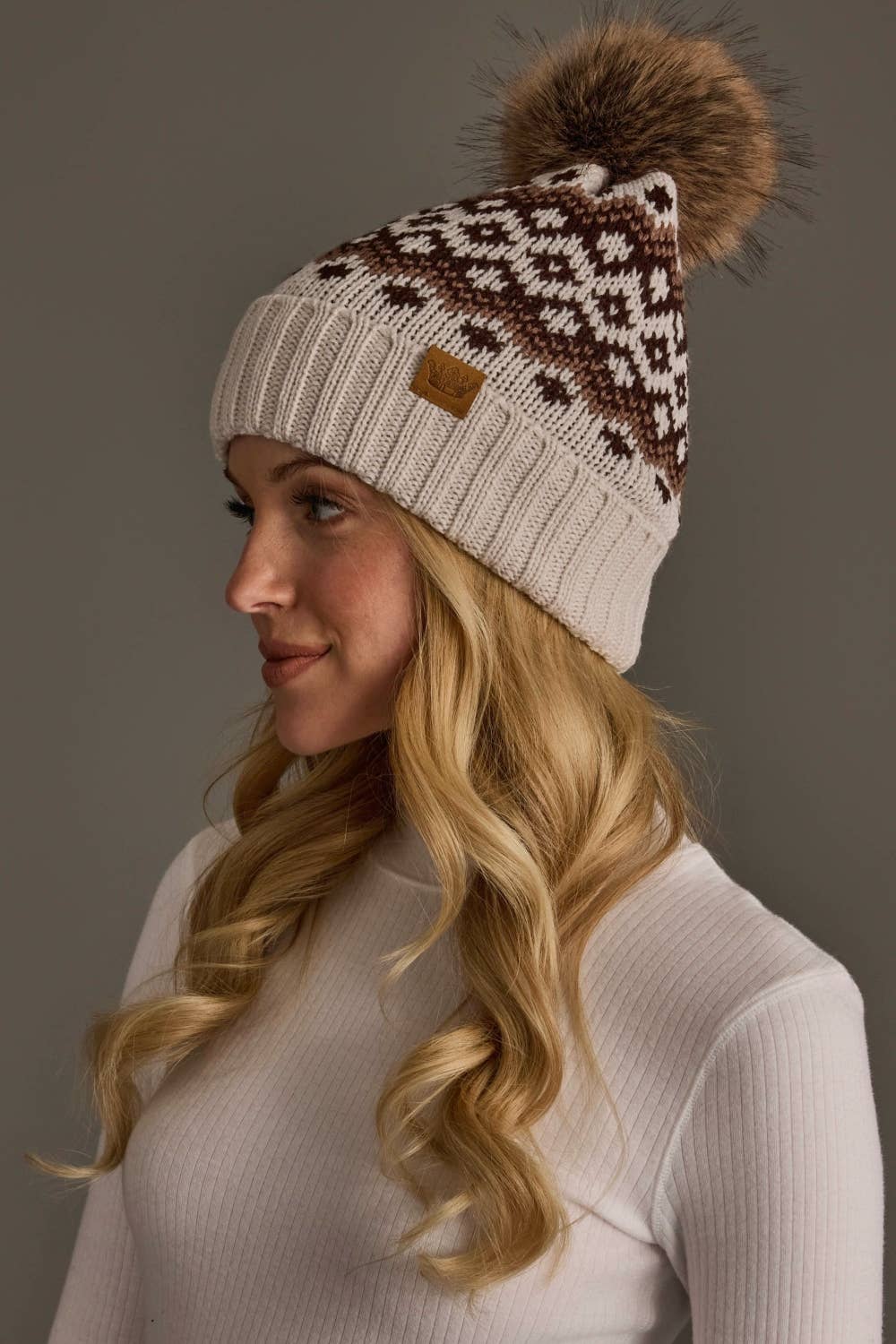 Lt. Taupe, Brown & Mocha Patterned Pom Hat