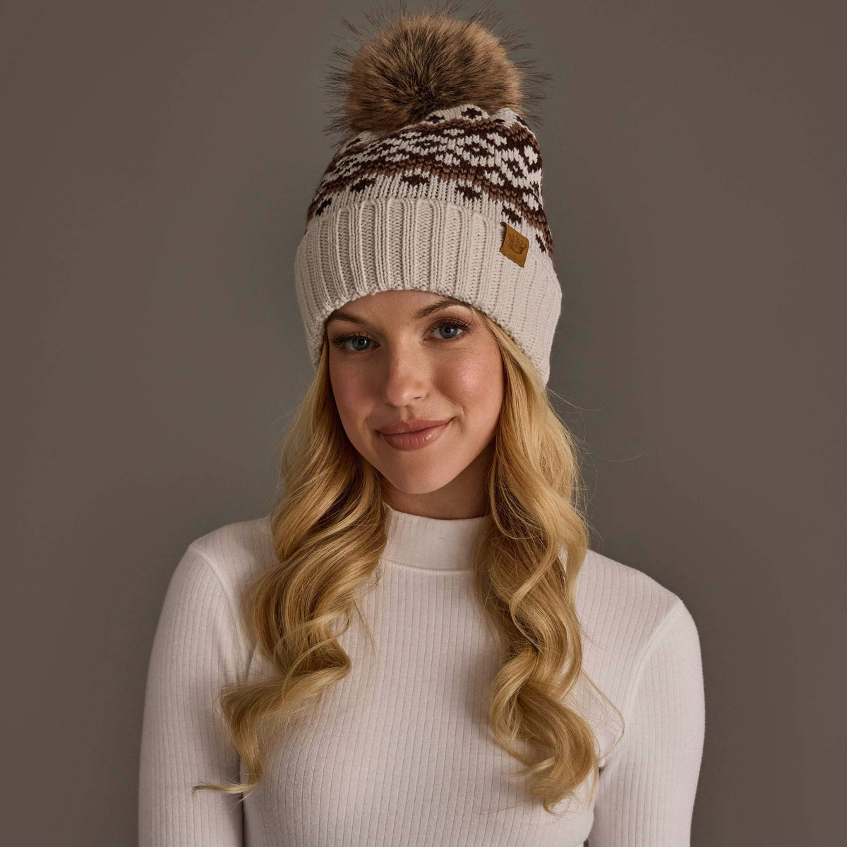 Lt. Taupe, Brown & Mocha Patterned Pom Hat