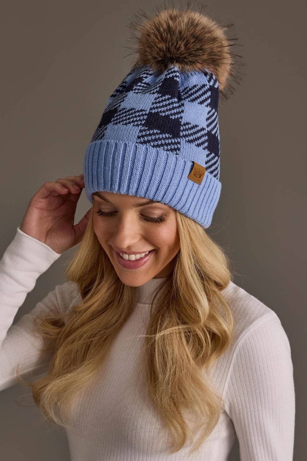 Lt. Blue & Navy Plaid Knit Pom Hat