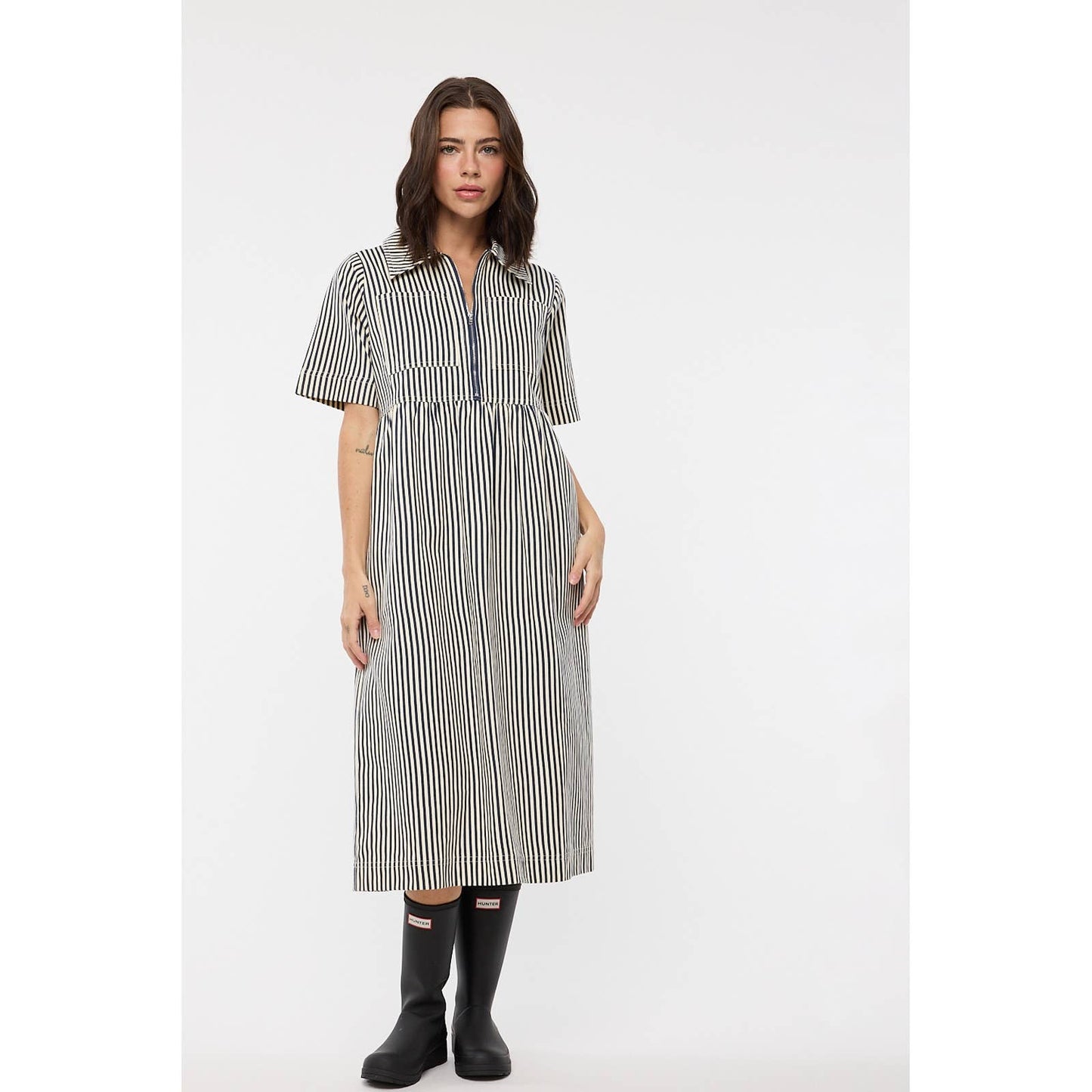 Striped Half-Zip Midi Dress