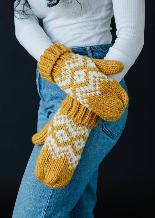 Mustard & White Patterned Mittens