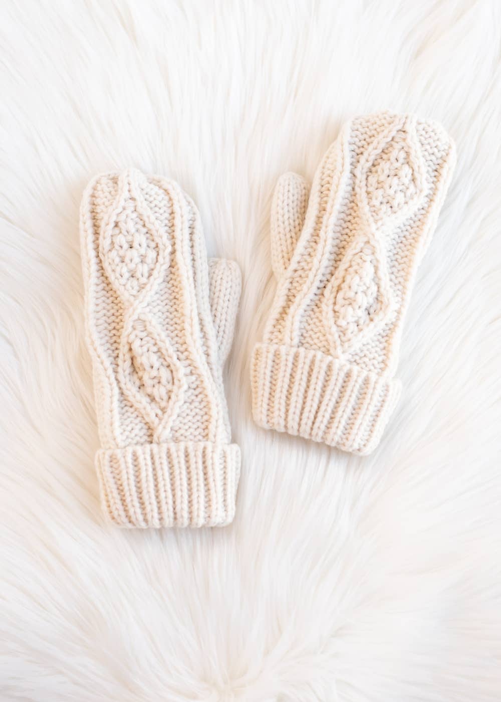Beige Cable Knit Mittens