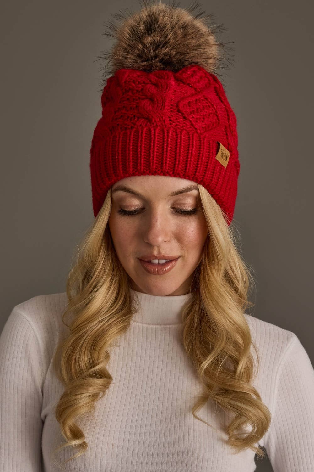 Red Cable Knit Pom Hat