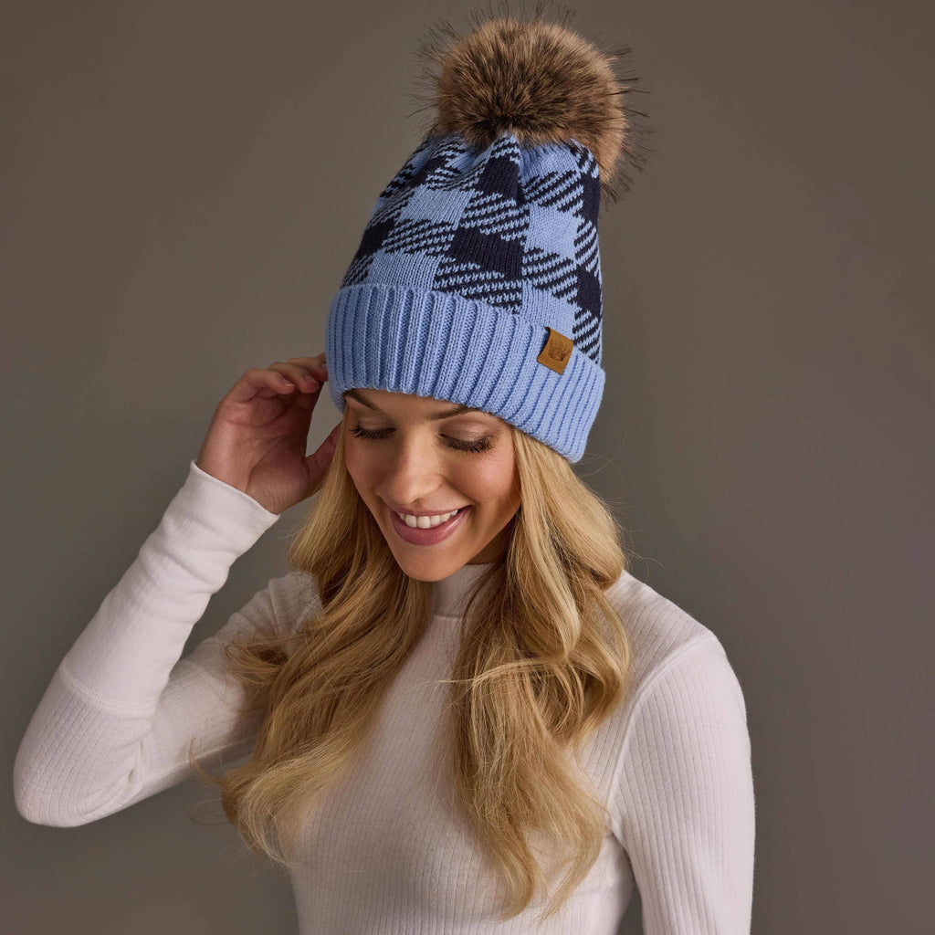 Lt. Blue & Navy Plaid Knit Pom Hat