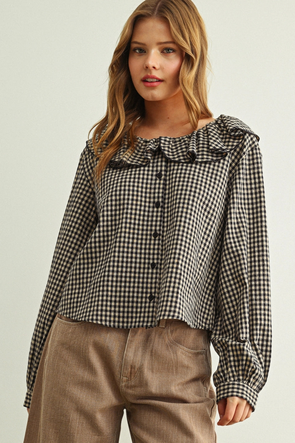 Gingham Mini Ruffle Collar Blouse