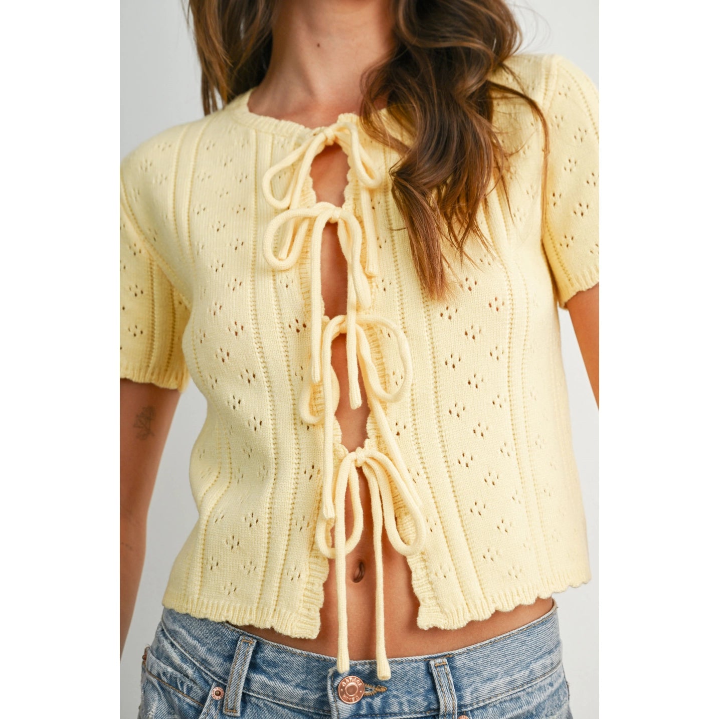 Scallop Front Tie Pointelle Top