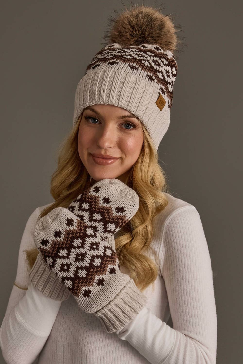 Lt. Taupe, Brown & Mocha Patterned Pom Hat