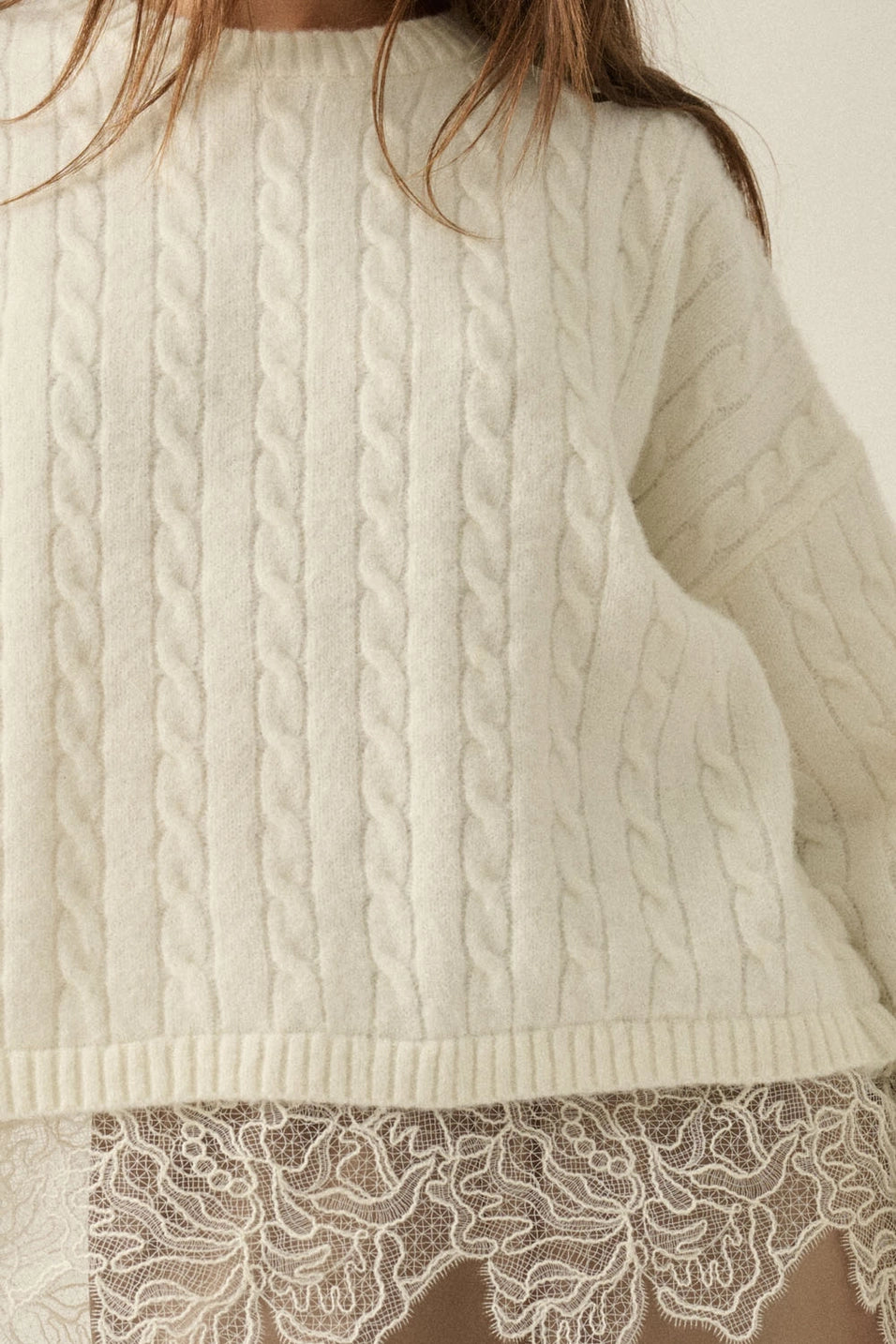 Cable Knit Lace Hem Sweater