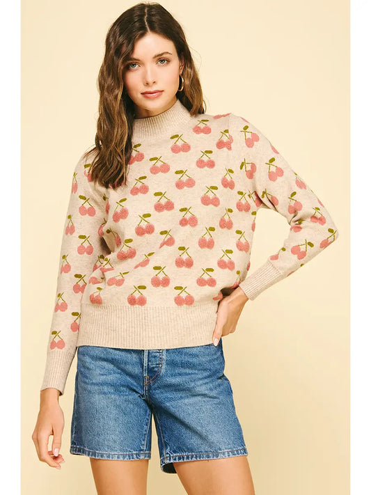 Cherry Pattern Mock Neck Sweater