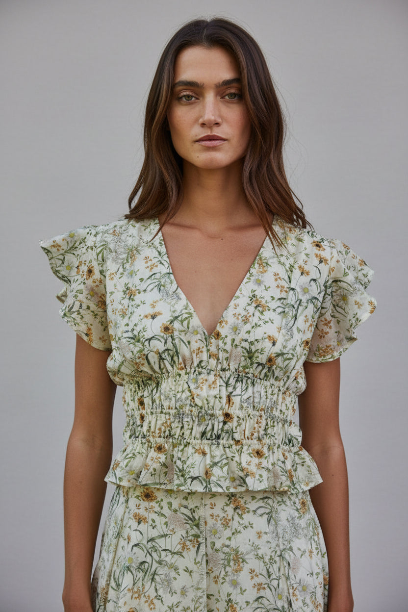Floral Print V-Neck Ruffle Top