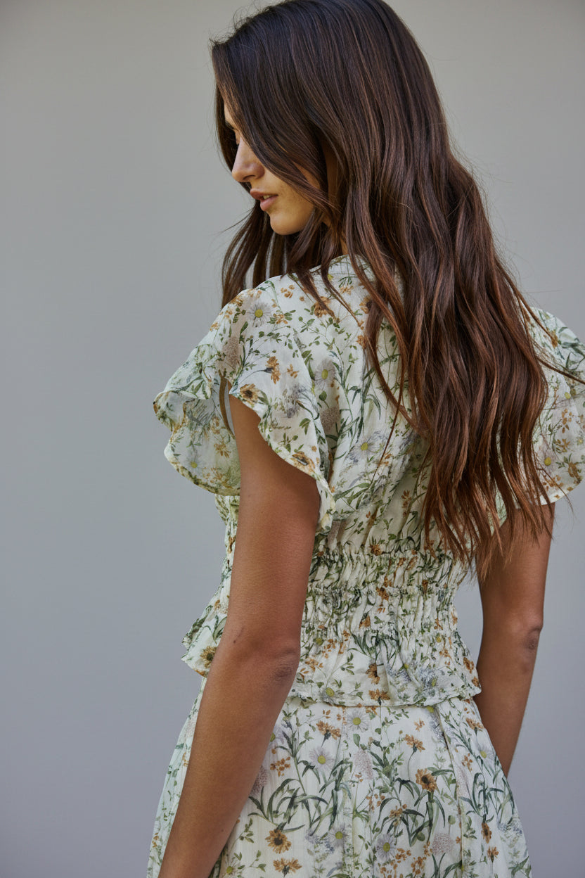 Floral Print V-Neck Ruffle Top