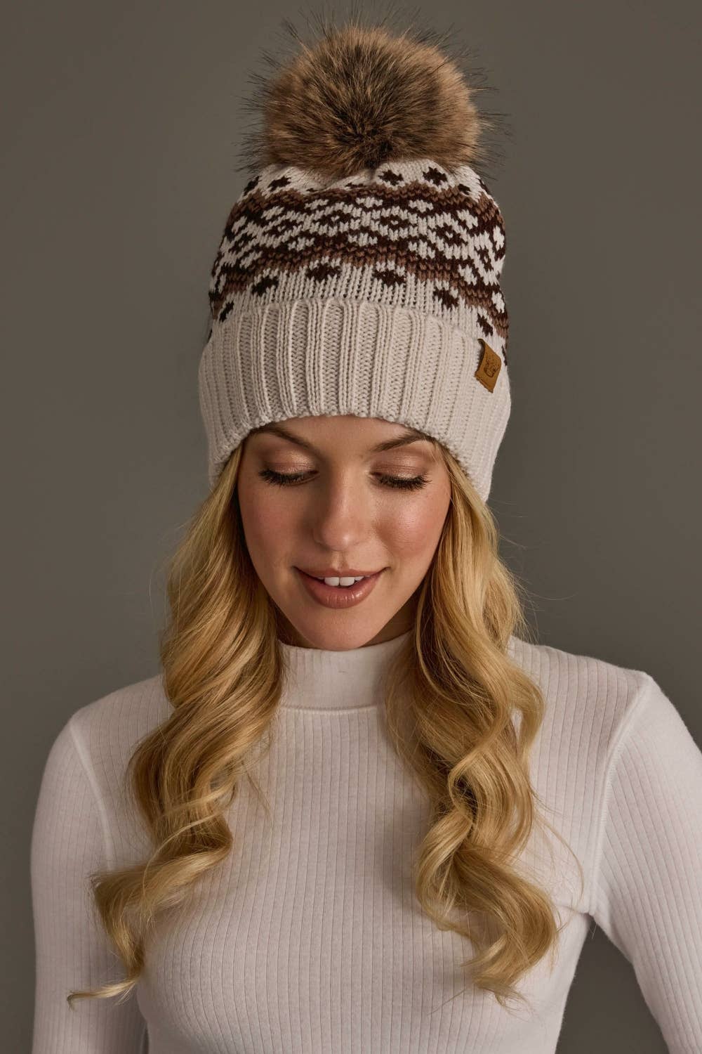 Lt. Taupe, Brown & Mocha Patterned Pom Hat