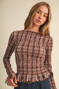 Sheer Plaid Knit Shirred Pullover