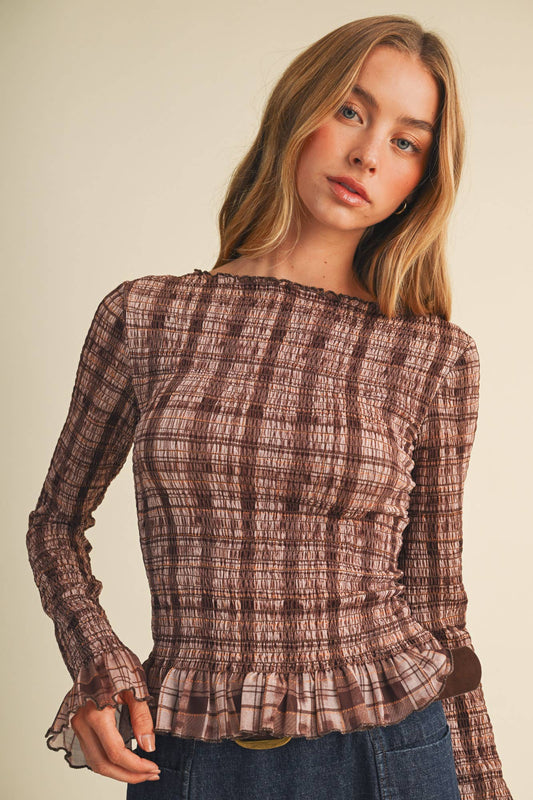 Sheer Plaid Knit Shirred Pullover