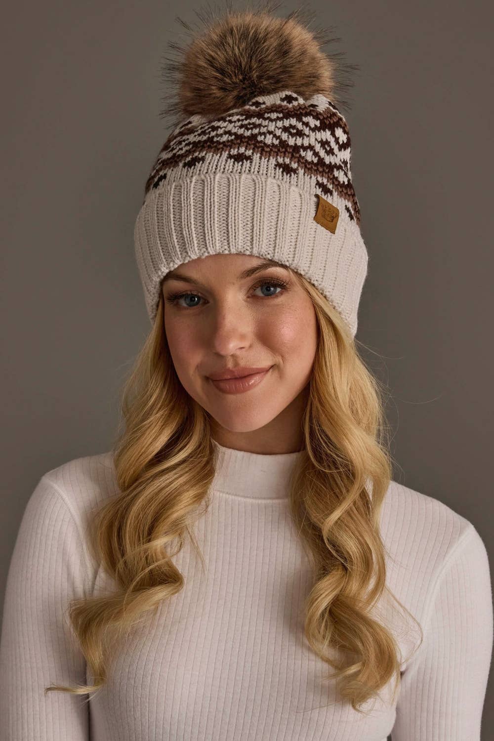 Lt. Taupe, Brown & Mocha Patterned Pom Hat