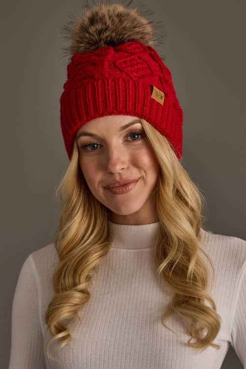 Red Cable Knit Pom Hat